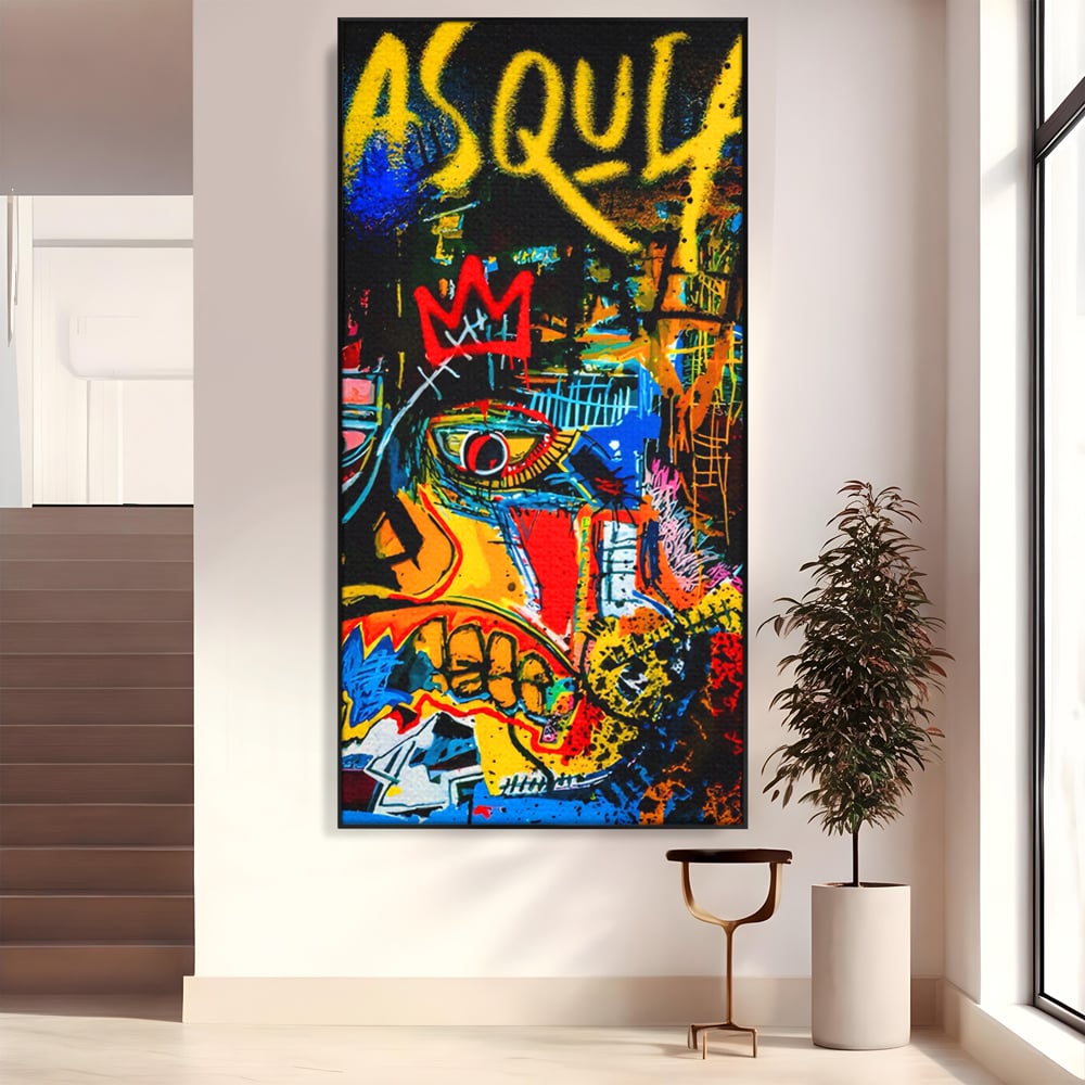 Tablou canvas cu tablou canvas cu portret pop art si coroana rosie, in rama de aluminiu negru